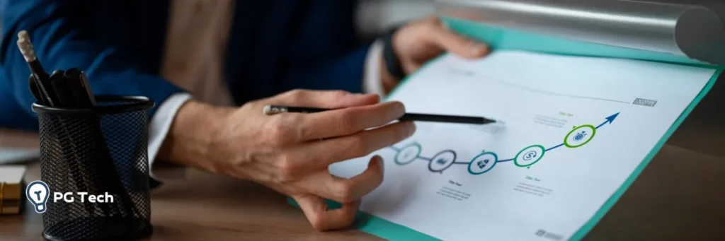 Pessoa com folha na mão explicando as regras de negócio