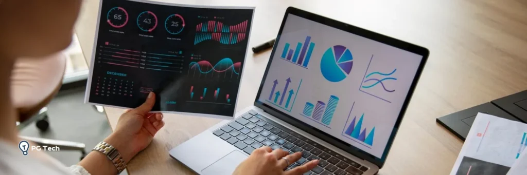 Pessoa com gráfico na mão e no notebook para indicar o que é power bi