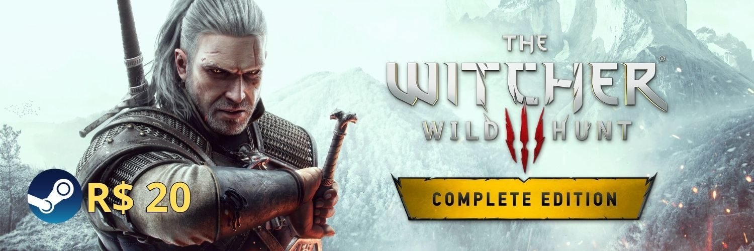 Jogo The Witcher com logo a Steam e 20 reais do lado para indicar promoção